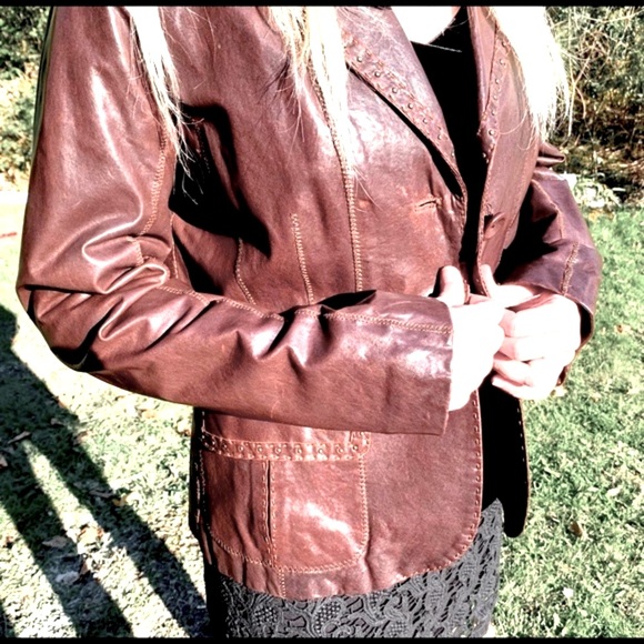 Derimod Brownish Burgundy Shiny Lamb Leather Blazer jacket metal Spikes US M - Picture 16 of 16